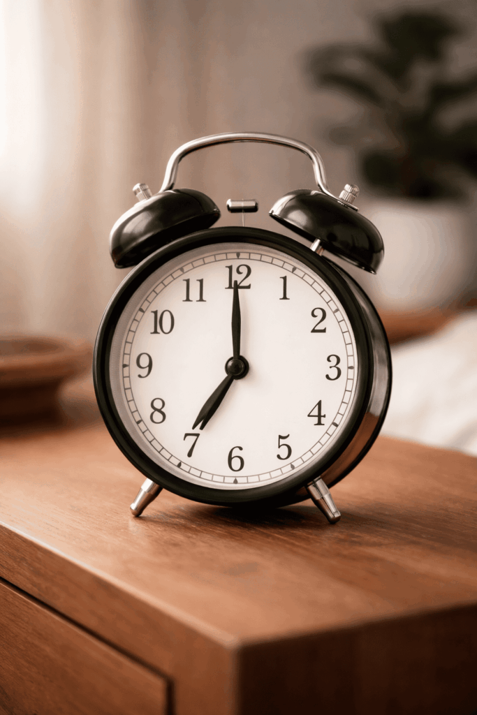 Klassische Weckeruhr auf Nachttisch